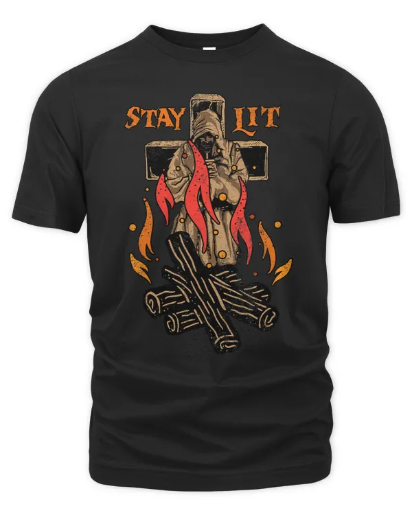 Stay Lit Tee With Burning Wizard on cross medieval halloween