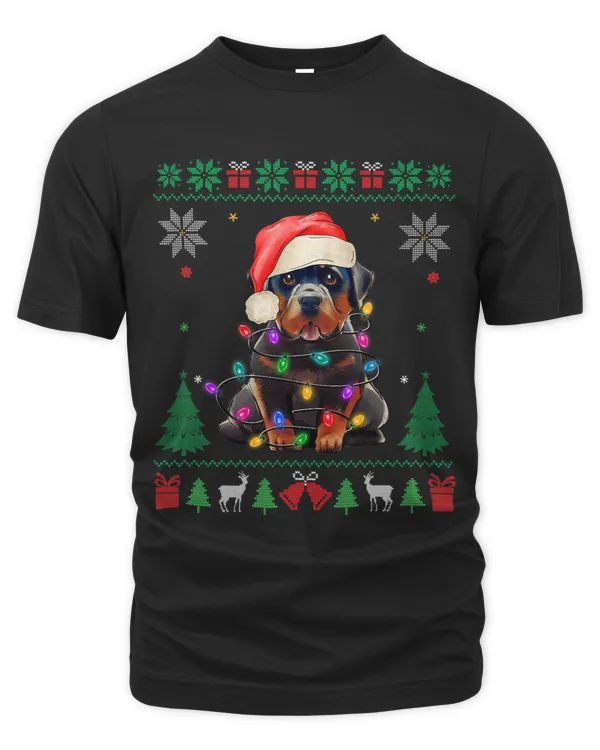 Xmas Lights Santa Hat Funny Rottweiler Dog Ugly Christmas