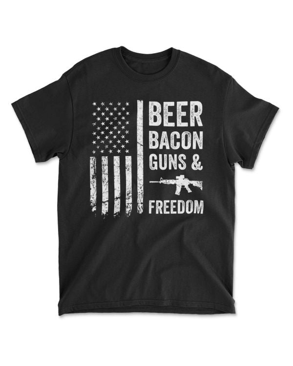 BEER BACON GUNS & FREEDOM - USA BBQ American Flag Drinking T-Shirt