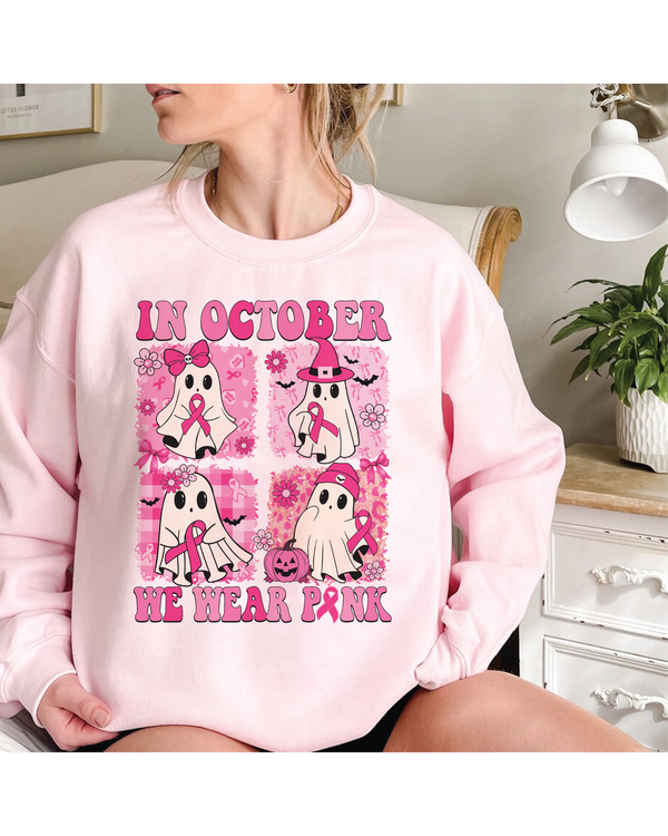In October We Wear Pink Sweatshirt, Halloween Breast Cancer, Funny Cancer Sweatshirt, Cancer Warrior Shirt, Boo Sheet Shirt, Pink Ribbon Tee