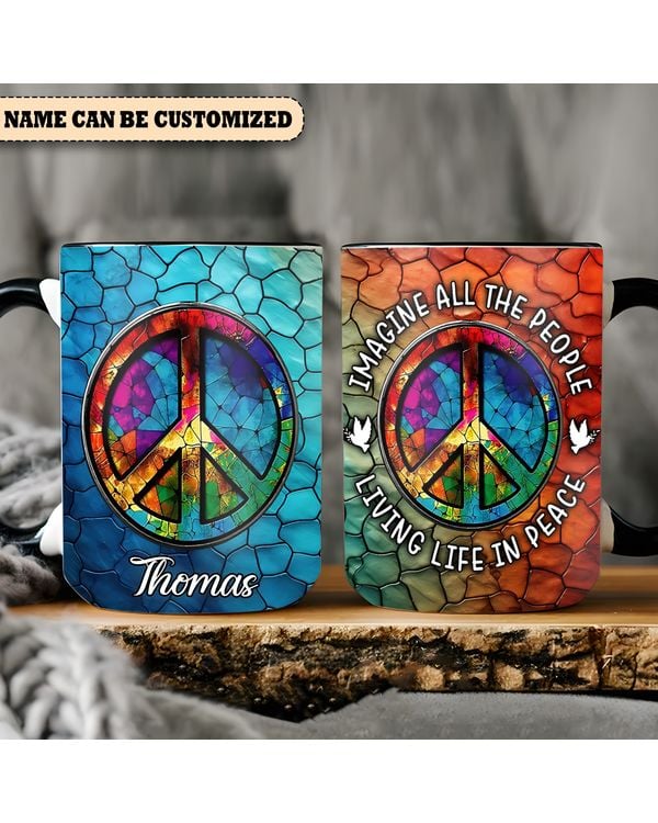 Personalized Hippie Symbol  Imagine All The People Accent Mug