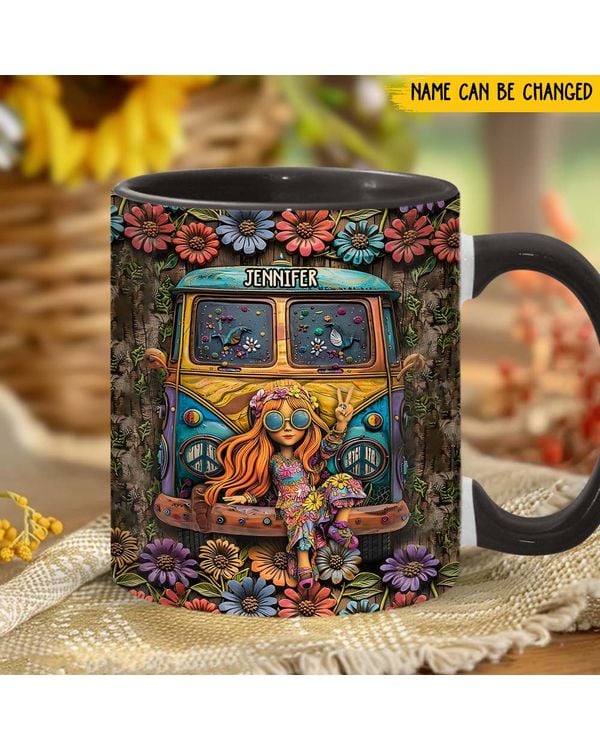 Personalized Hippie Bus And Girl  Accent Mug