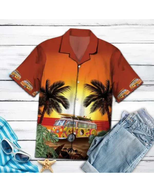 Hippie Bus Under Sunset Palm Tree Beach Themed Pattern Hawaiian Shirt