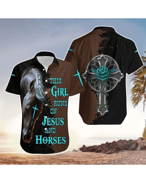 This Girl Runs On Jesus And Horse Black Brown Hawaiian Shirt - Christian Hawaiian Shirts For Men & Women