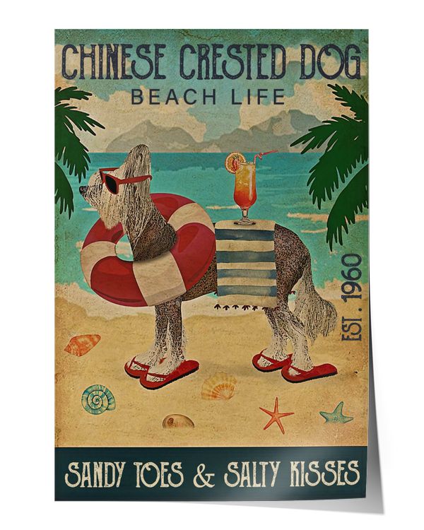 Chinese Crested Dog Beach Life Wall Decor Artwork Print Poster Wall Art Print Home Decor Vintage