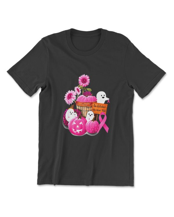 In October We Wear Pink Pumpkin, Ghost And Flower T-Shirt