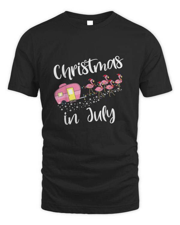 Christmas In July Flamingo Pink Funny Camping Camper Trailer T shirt