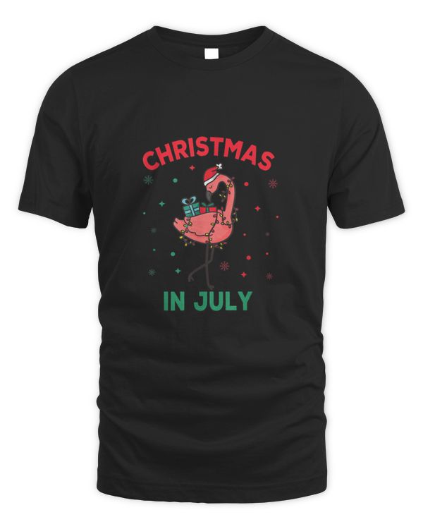 Christmas In July Flamingo Santa Hat Summer Vacation Funny T shirt