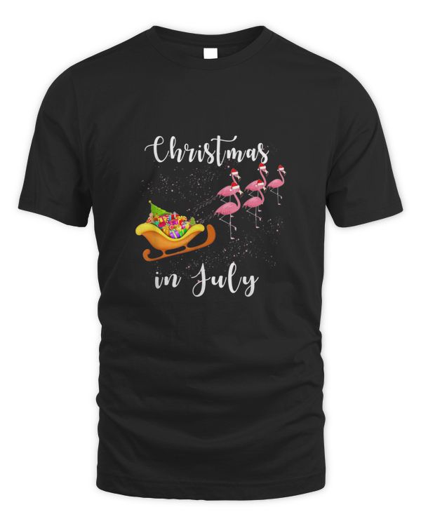 Christmas In July Funny Sleigh Flamingos Women Kid Summer T shirt