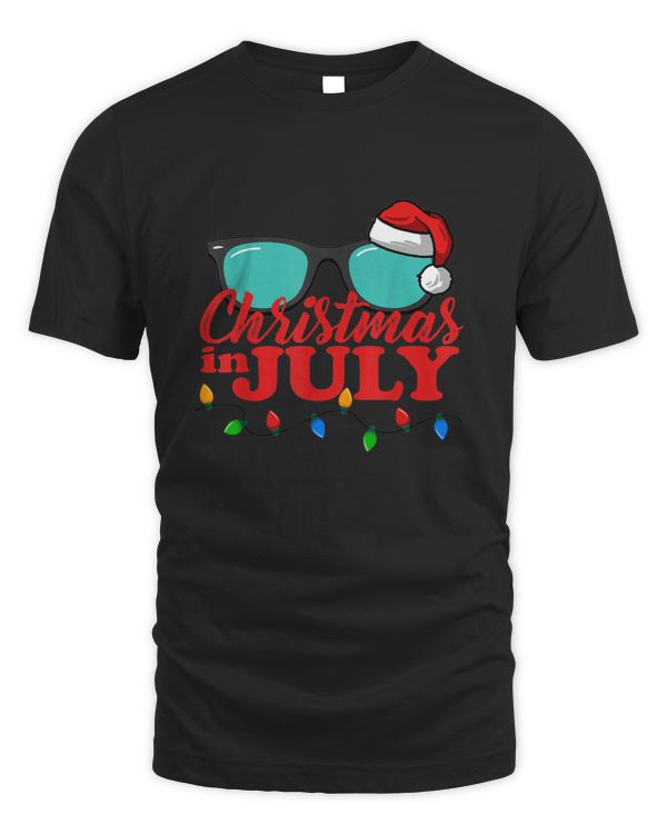 Christmas In July Santa Hat Sunglasses Summer Celebration T shirt