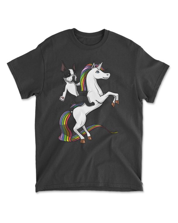 Boston Terrier Riding Unicorn Funny Dog Men Women Kids T-Shirt