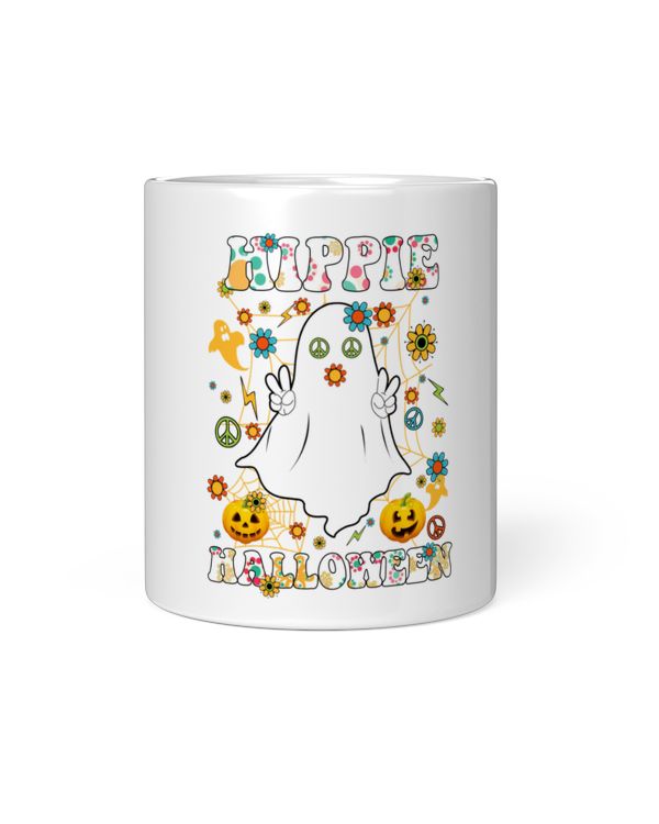 Hipple Halloween White Mug, brilliant flowers cute ghost pumpkin funny