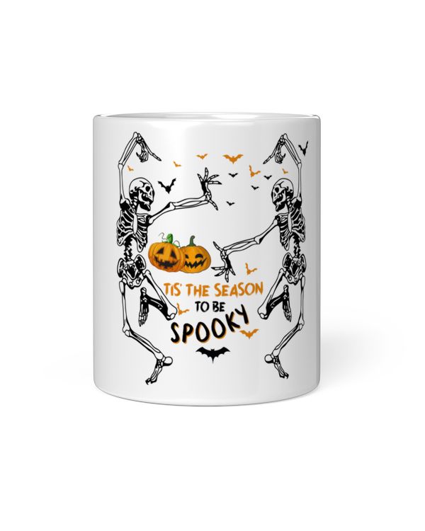 Tis The Season to be spooky Halloween Spooky White Mug, skeleton bat wings pumpkin Halloween