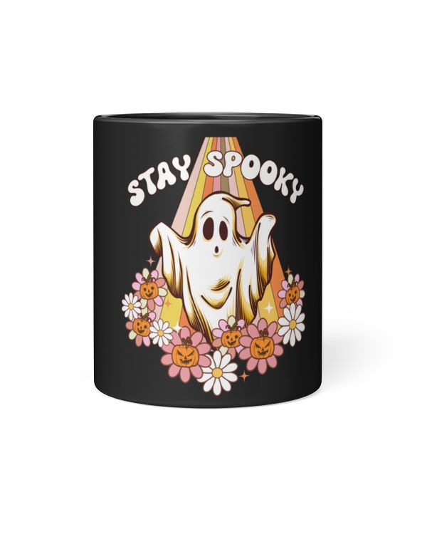 Stay Spooky Black Mug, Scared ghost Pumpkin Flower Halloween