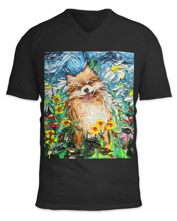 Cute Happy Pomeranian Starry Night Dog and Flowers Art Aja