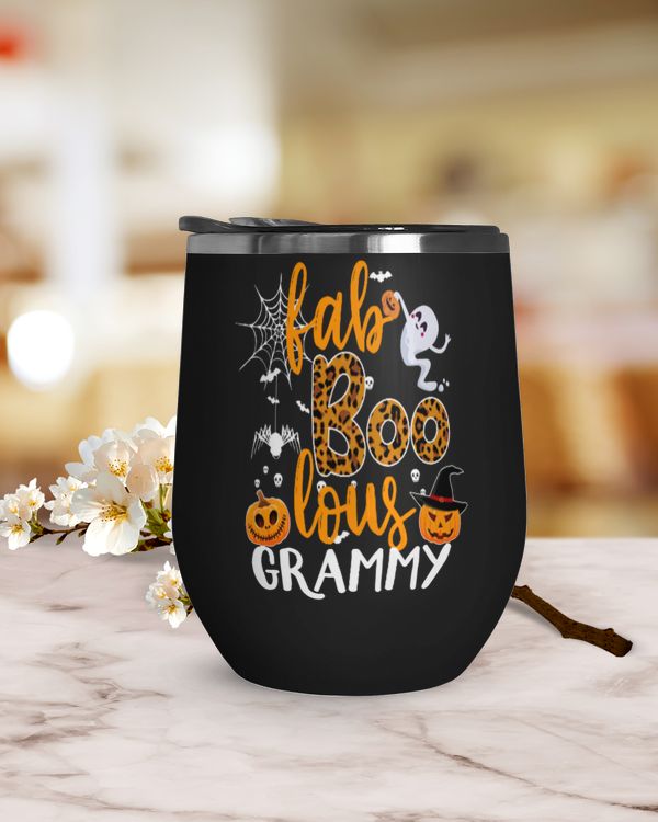 Fab Boo Lous Grammy Wine Tumbler (12 oz), baby ghost playing with pumpkins Spider silk