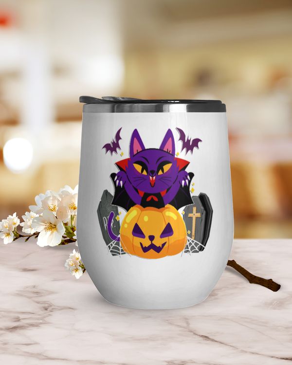 Black Cat Pumpkin Wine Tumbler (12 oz), tombstone coffin demon bat