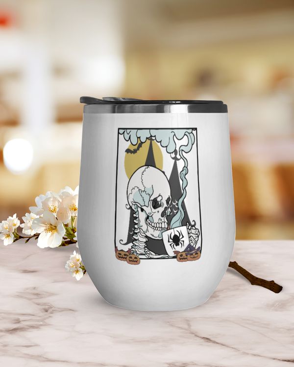 Halloween Skeleton Wine Tumbler (12 oz), skull skull pumpkin Black bat wings on the night of the blood moon