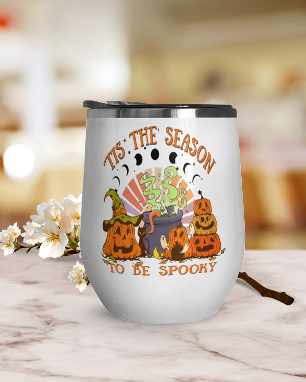 Tis The Season To Be Spooky Wine Tumbler, Pumpkin witch cooks magic black cat Pumpkin Halloween