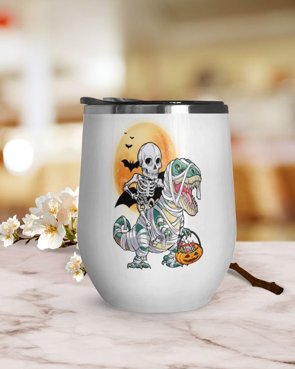 Dinosaur Halloween Tumbler, pumpkin gift basket demon bats blood Moon Skeleton