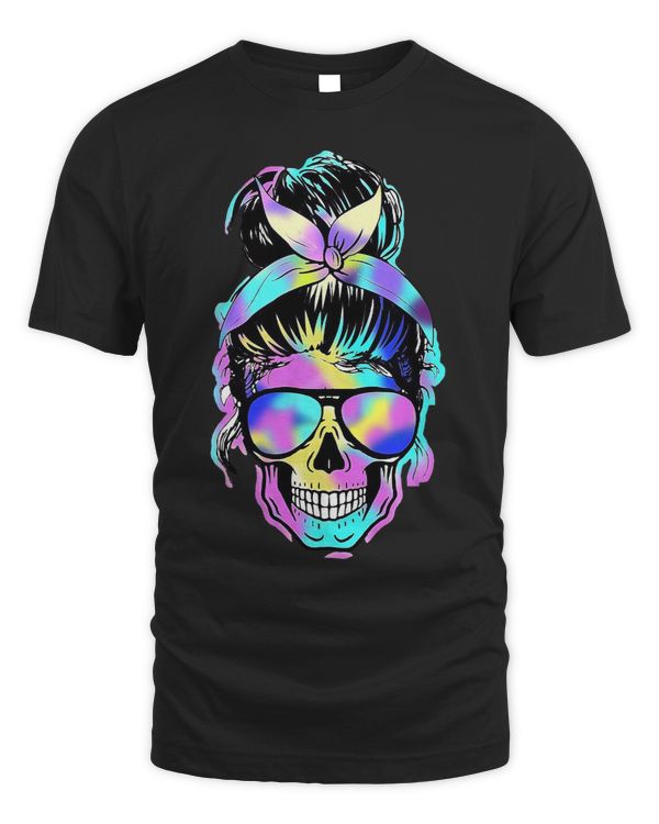 Skull Mom Lady Messy Bun Wear Bandana Colorful Hologram
