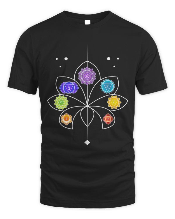 Seven chakras in a lotus flower and Sanskrit symbols