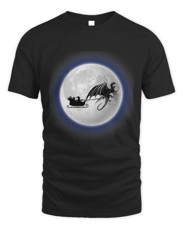 Funny Christmas Santa Claus Flying past the Moon with Dragon