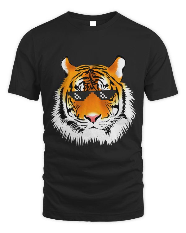 Birthday Shirt for Boy Cool Tiger Animal Party Pixel Glasses