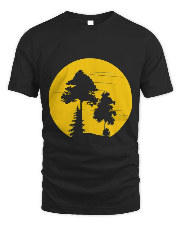 Pine Trees In Front Of The Bright Sunset Yellow Sun