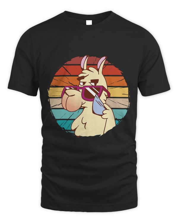 Vintage retro sunset funny cartoon Llama wearing sunglasses