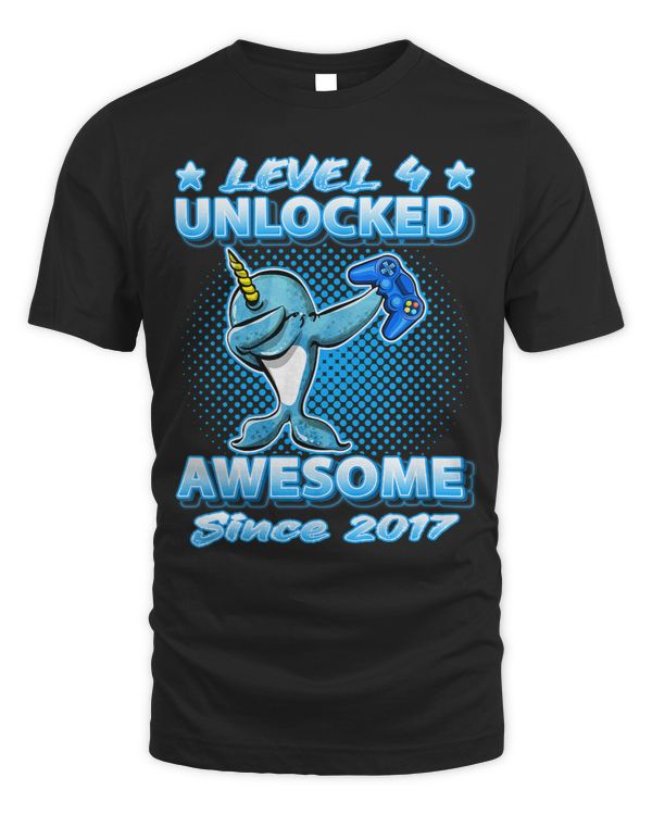Narwhal Lover Kids Level 4 Unlocked Awesome Since 2017 Dabbing Narwhal Birthday