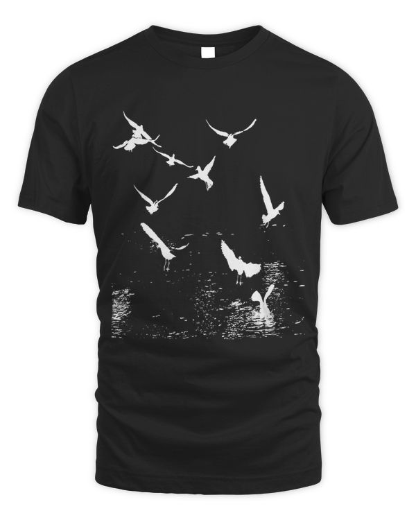 White Silhouette Of A Flock Of Seagulls Scavenging