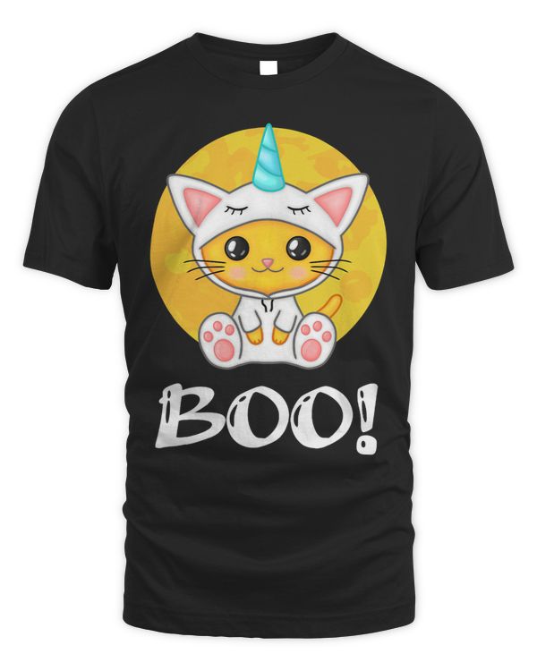 Cute Halloween Caticorn Screaming Boo with Full Moon