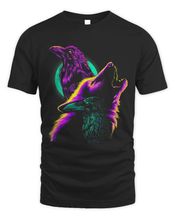 Crows and wolf howling under the moon