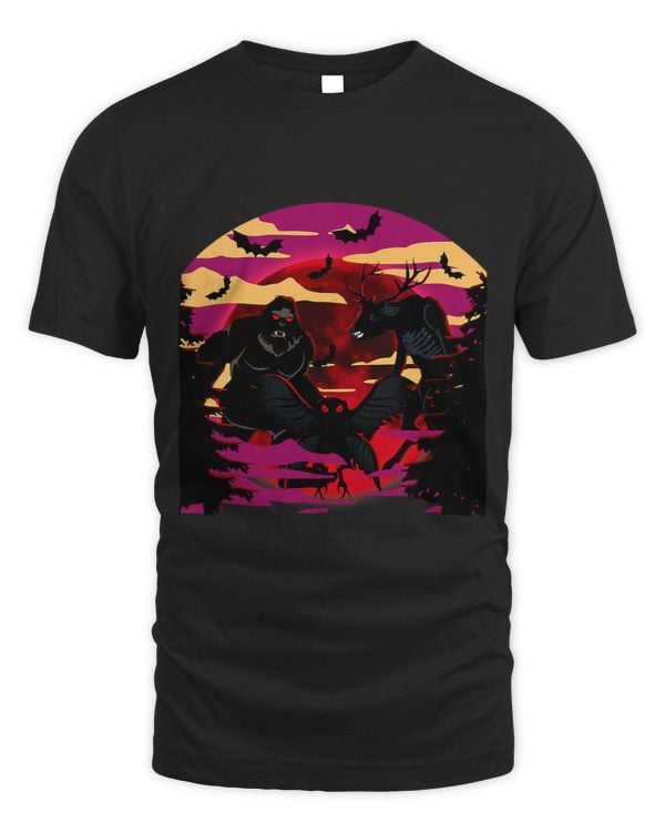 Cryptid Group in Flames Yellow Full Moon Mothman Folklore68