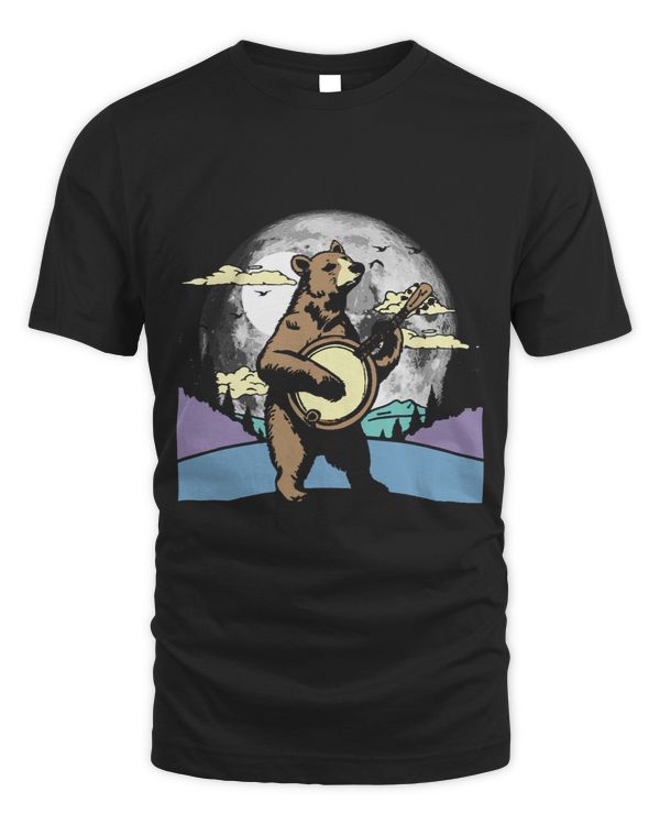 Banjo Pickin Bear Retro Folk Music Night Moon Graphic