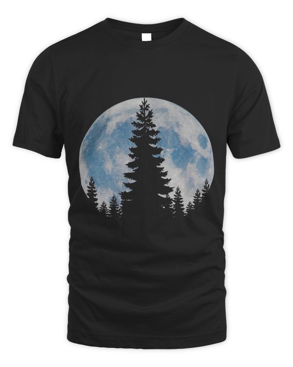 full vintage retro blue moon minimalist pine trees graphic