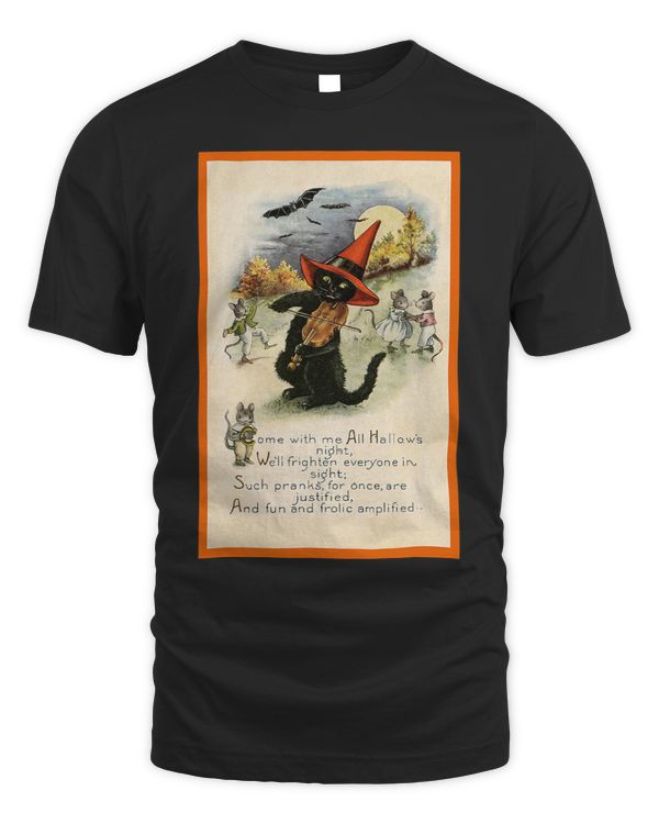 Halloween Black Cat Witch Dancing Mice Violin Bats Moon
