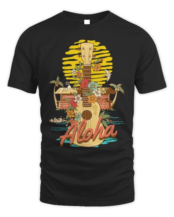 Ukulele Flower Aloha Hawaii Trendy Vintage Sunset Palm Trees