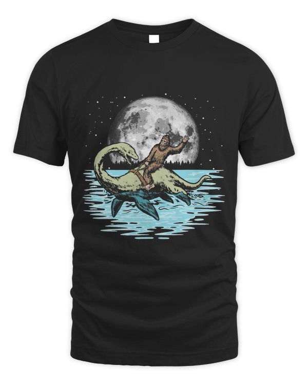 Funny Bigfoot Riding Nessie Loch Ness Monster Full Moon