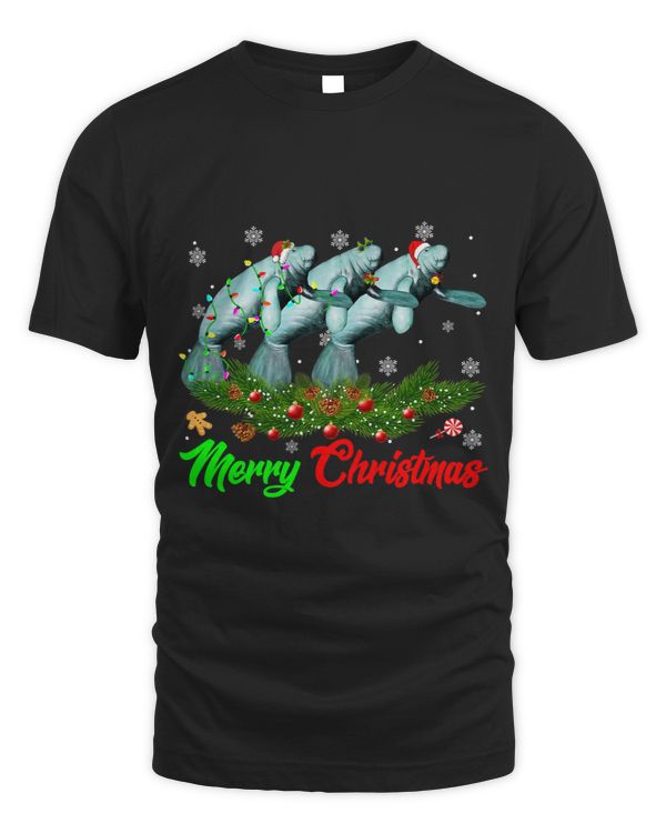 Funny Christmas Pajama Manatee Hat Santa Xmas Lights