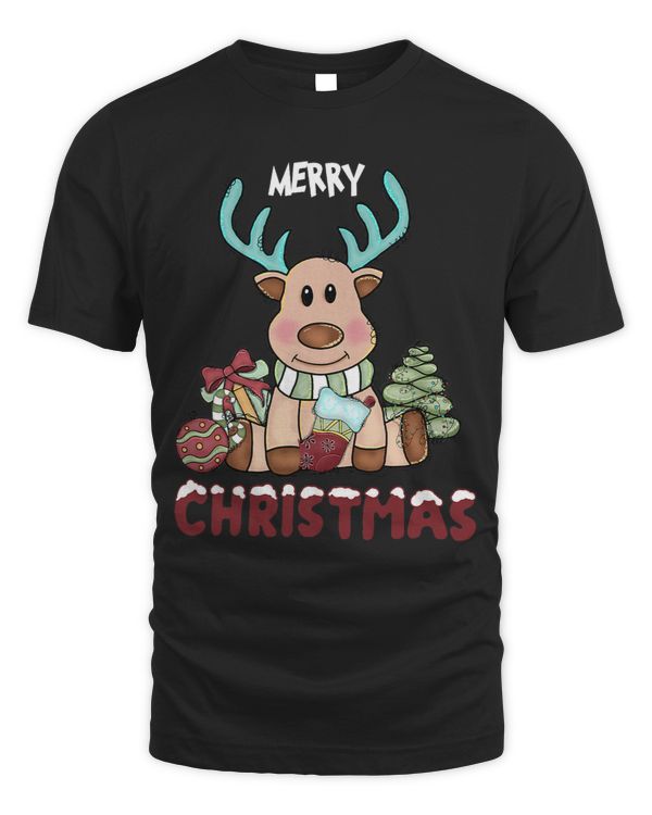 Cute reindeer with fairy lights sits between gifts