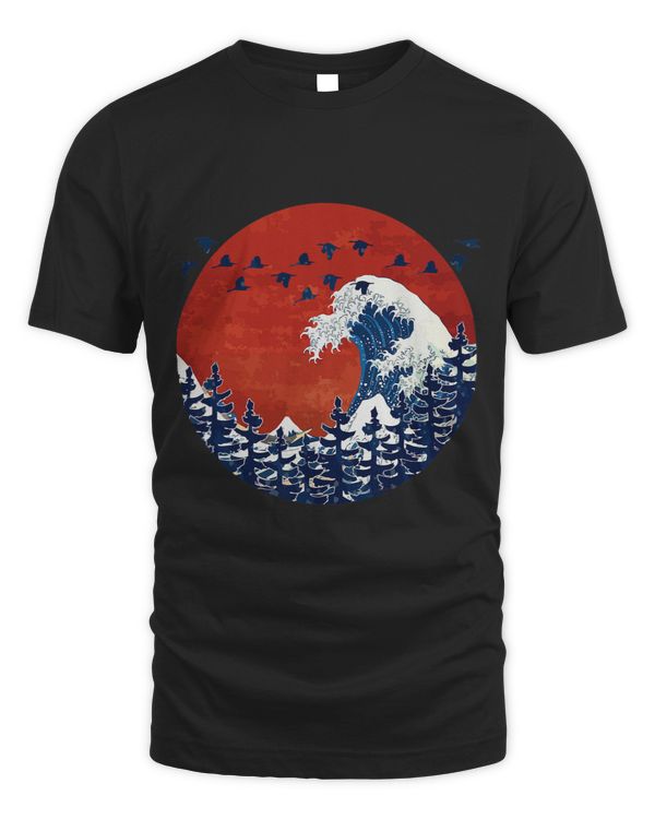 Great Wave off Kanagawa Red Moon With Ravens Flying around