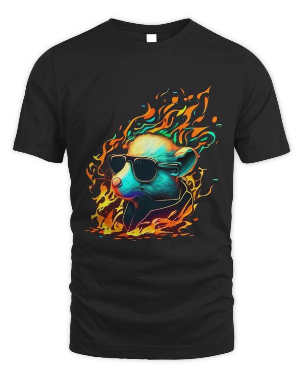 Funny white Rockn Roll Rat with Sunglasses on Fire