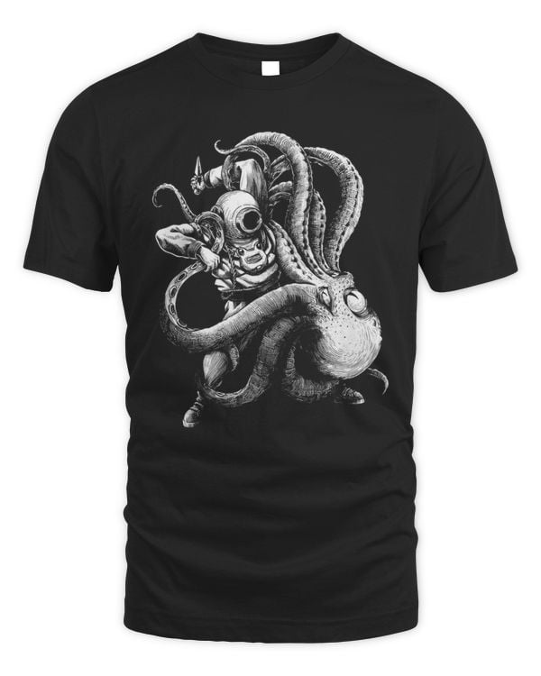 Vintage Diver with Diving Helmet Fighting an Octopus