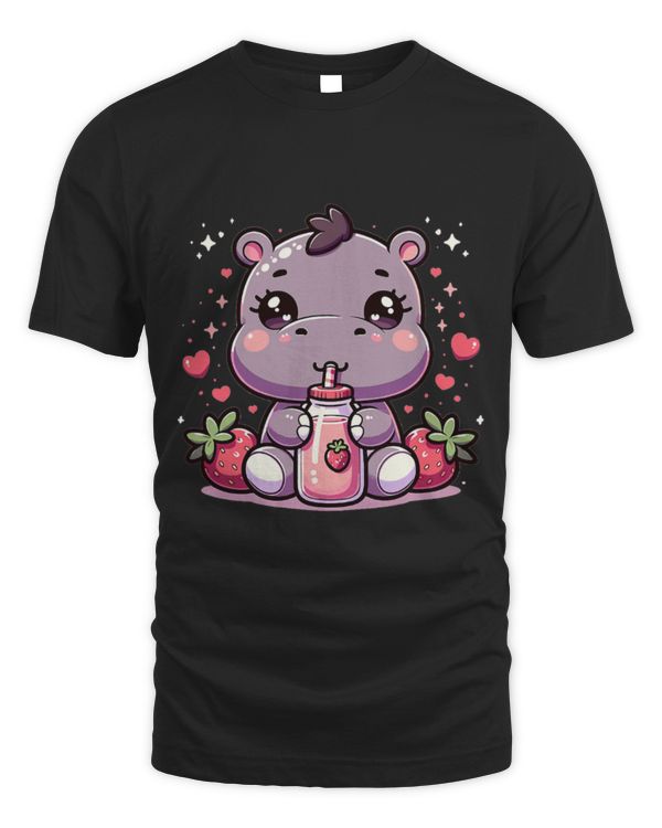 Hippo Pet Cute Japanese Kawaii Style Hippo Drinking Strawberry Milk