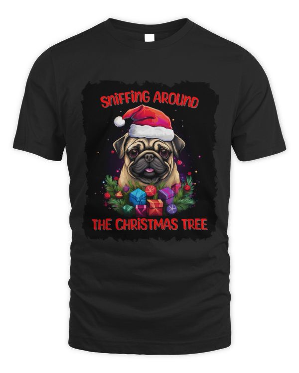 Pug Dog Sniffing Around The Christmas Tree
