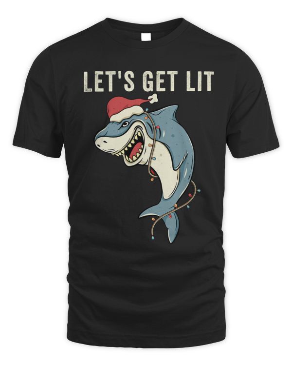 Shark Pet Let s Get Lit Christmas Lights Pun Funny Shark Santa Meme