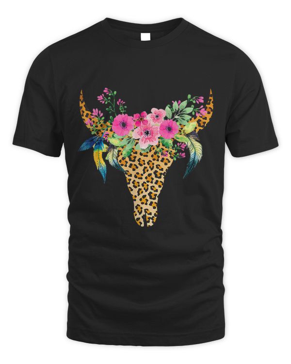 BOHO Cow Bull Skull Leopard Gift For Cattle Lover T-Shirt