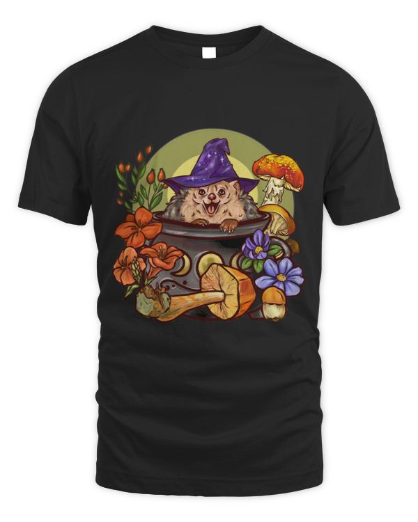 a witchy hedgehog familiar sitting in a cauldron surrounded by mushrooms and plants
